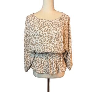 Oddi Floral Peplum Dolman Blouse Neutrals Womens Large Long Sleeve Scoopneck